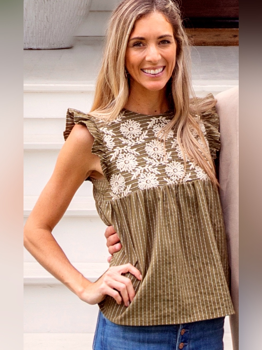 THML Olive Green Floral Embroidered Flutter-Sleeve Top